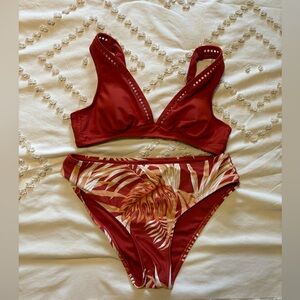 Cupshe red & Hawaiian print high waisted bikini
